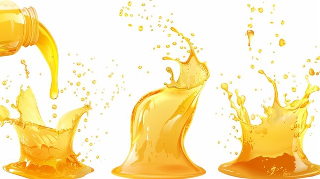 Liquid waves of falling and flowing beer, orange, mango or lemon juice, oil, soda or honey isolated on transparent background.