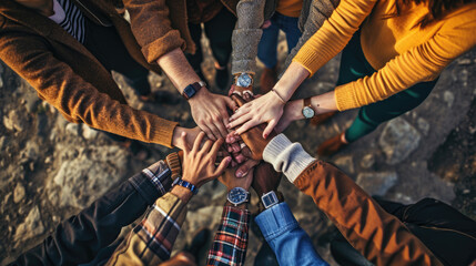 Obraz premium A top-down view of a group of friends stacking their hands together, symbolizing unity, teamwork, and mutual support in a casual setting.