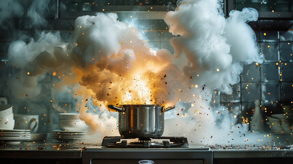 A closeup of a pressure cooker exploding steam and metal fragments flying in all directions