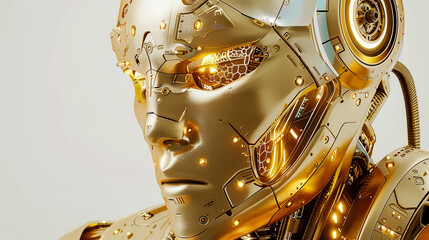A futuristic golden robot with intricate engravings and glowing accents highlighting the fusion of technology and luxury