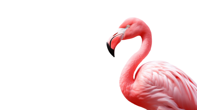 Pink flamingo animal cutout. Flamingo in side view on transparent background