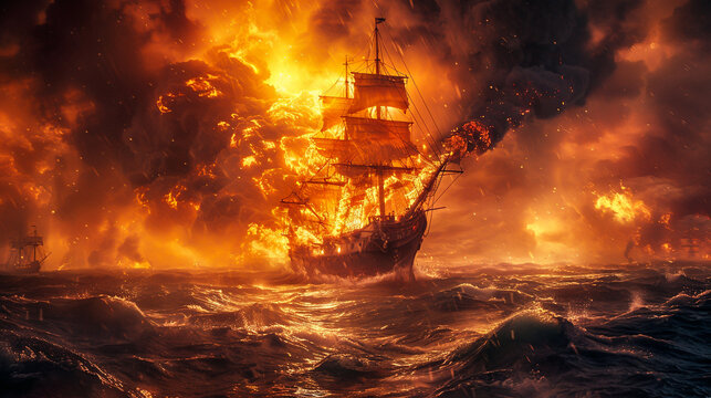 A burning pirate ship on the high seas its masts engulfed in flames