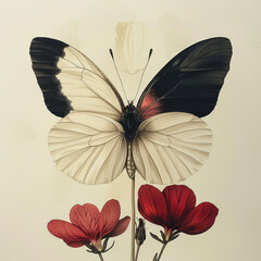 A symmetrical butterfly with one wing black and the other white perched on a flower representing balance in nature