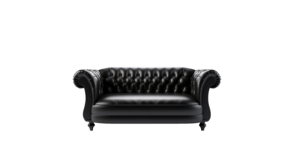 Black sofa front view cutout. Isolated leather sofa on transparent background