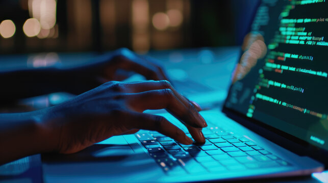 Close-up of a person's hands typing on a laptop keyboard