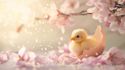 Small yellow Easter chicken peeks out from its eggshell amidst a scattering of spring flowers - obrazy, fototapety, plakaty