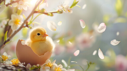 A small yellow Easter chicken in an eggshell among flowers on a spring background - obrazy, fototapety, plakaty
