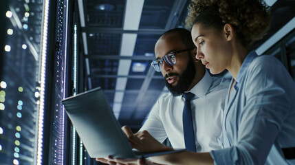 Male and a female IT professional in a data center, with the woman holding a tablet and the man observing, likely collaborating on a task.
