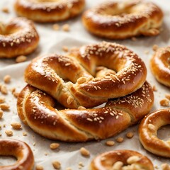 Obraz na płótnie Canvas Fresh pretzels with sea salt close-up on nice background, pretzels in the form of knot with cheese oil sauce, sesame seeds on top bakery products