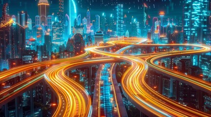 A digital highway of flowing data streams meanders through the scene, symbolizing fast concepts for technology and connectivity in urban life Generative AI