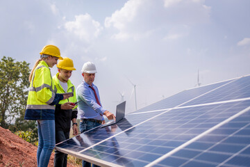 Engineers working inspect and check solar cell panel energy is smart grid ecology energy sunlight...
