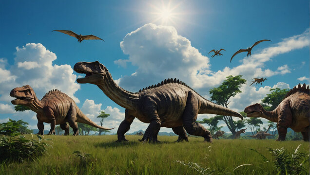 Dinosaurs thriving in the Triassic age, set against a green grassy backdrop and a vibrant blue sky, representing the ancient history of Earth.