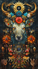 Abstract animals surrounded by symbols of wealth richly detailed