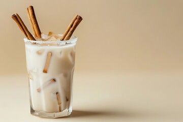 Iced cinnamon drink in a glass garnished with cinnamon sticks.