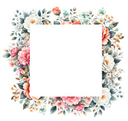 Rectangular square froral frame, wreath with roses and camellia. Design for greeting card, invitation, wedding - 757364181