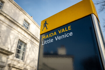 LONDON- Directional pedestrian sign in Maida Vale and Little Venice, and area of Paddington in W2 Westminster