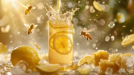 A tall glass of lemonade splash with honey being poured into it, surrounded by flying bees, ice cube and lemon, Generative AI