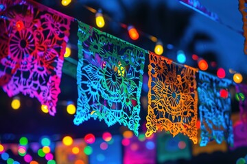 Colorful papel picado banners illuminated at night.