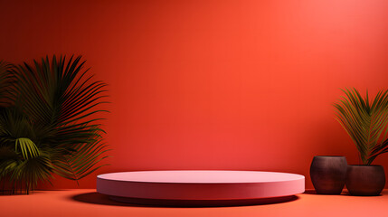 Contemporary round podium for product display surrounded by tropical plants against a warm red background, giving an exotic look