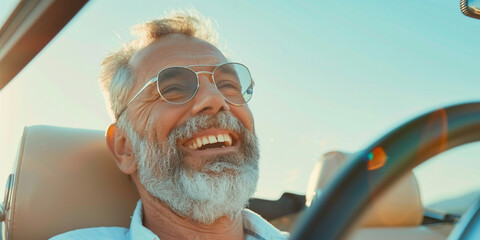 old man riding open roof car. happy senior man financial freedom. insurance photo concept. - obrazy, fototapety, plakaty