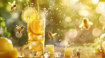 A tall glass of lemonade splash with honey being poured into it, surrounded by flying bees, ice cube and lemon, Generative AI - obrazy, fototapety, plakaty