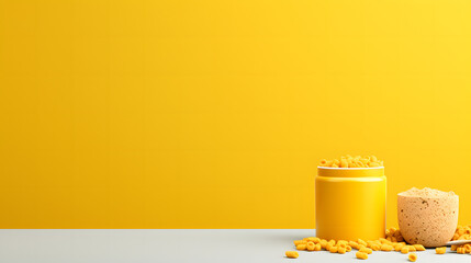 Cheese puffs tumbling out of a container against a striking yellow background, giving a visual appeal for food advertising and design projects - obrazy, fototapety, plakaty