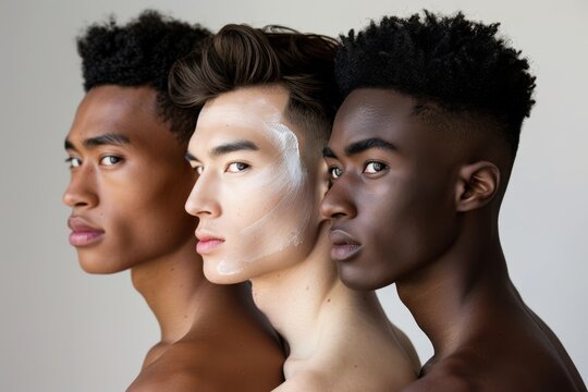 Portrait of three handsome men with unique skin tones on white background. Skincare and diversity concept.