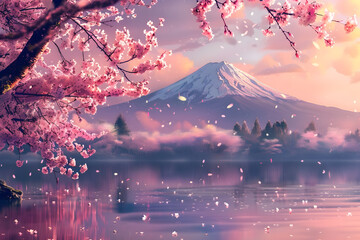 Kirschblüten vor dem Mount Fuji in Japan, Natur, erstellt mit generativer KI