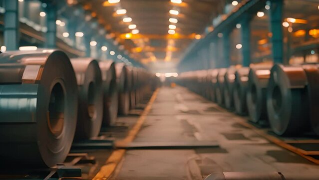 The rows of steel coils in a warehouse