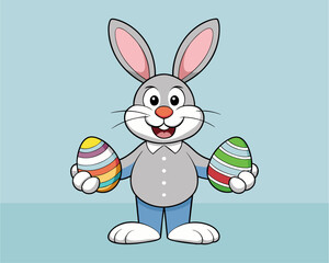 Obraz premium two easter egg colourful on bunny rabbit hand drawn smiley vector illustration character greeting card front background, cute happy smile face expression easter bunny emotion and feeling