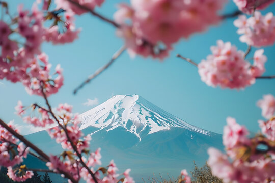 Kirschblüten vor dem Mount Fuji in Japan, Natur, erstellt mit generativer KI