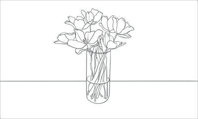 Sprig daffodil flowers line art drawing on white background. Spring wedding set. Vector minimal illustration
