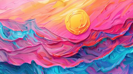 Vivid Waves and Sun: Abstract Landscape Painting - obrazy, fototapety, plakaty