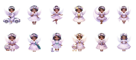 African American angel watercolor on white background