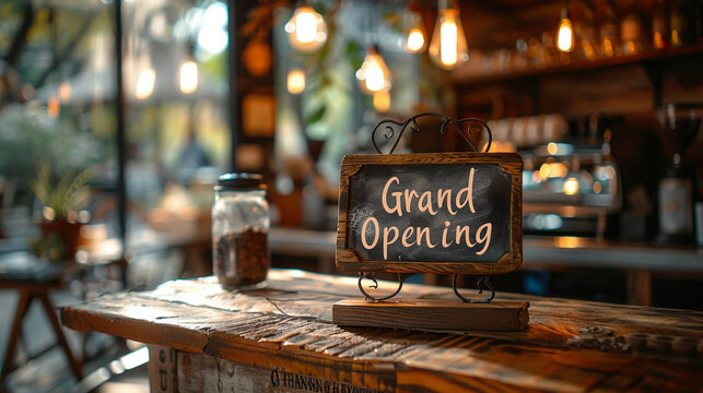 Rustic Grand Opening Sign at a Cozy Cafe with Vintage Ambiance - Powered by Adobe