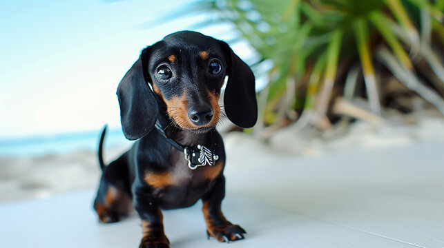 
Dachshund preto foto em paraiso tropical 