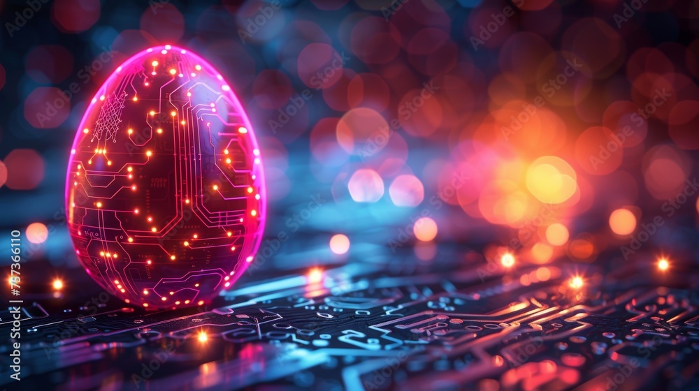 Poster Graphite Easter banner with egg with circuit board pattern. Background in a technological style.