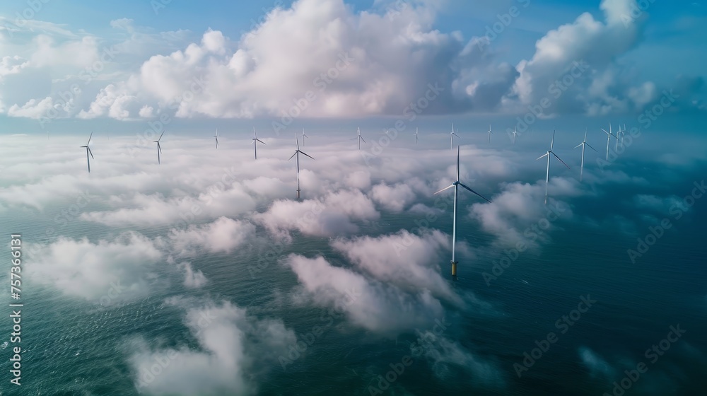 Aufkleber An aerial view of Flevoland Netherlands Ijsselmeer with a cloudy sky and a windmill park in the ocean. Green energy.