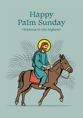 Jesus Christ riding a donkey and entering the city of Jerusalem
