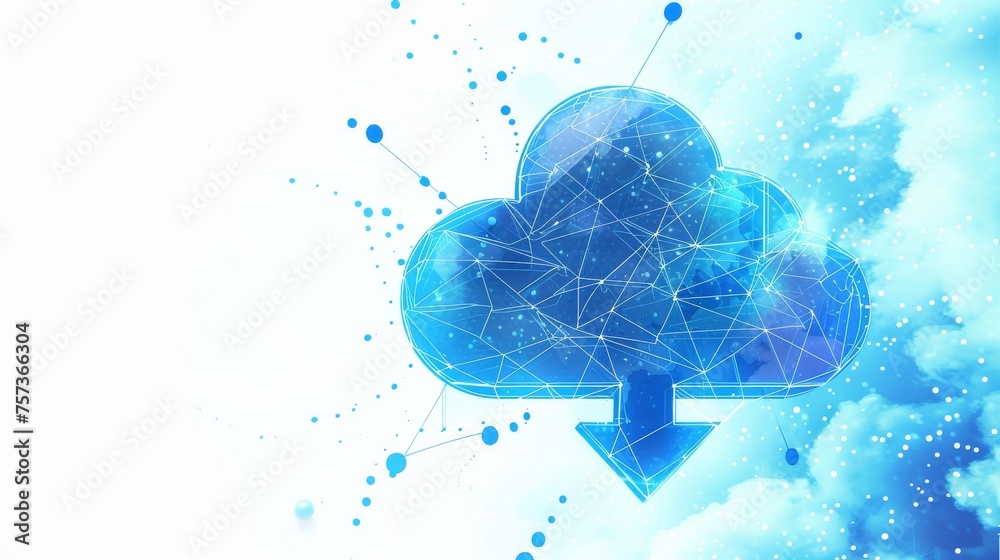 Poster Concept illustration or background of cloud computing, big data using a polygonal wireframe in the shape of an arrow up and down isolated on white with dots.