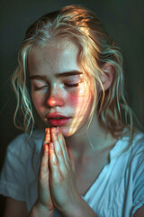 A pretty young Christian woman with her hands in prayer position praying and thanking God