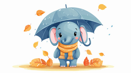 A cute cartoon elephant stands in the rain with an u