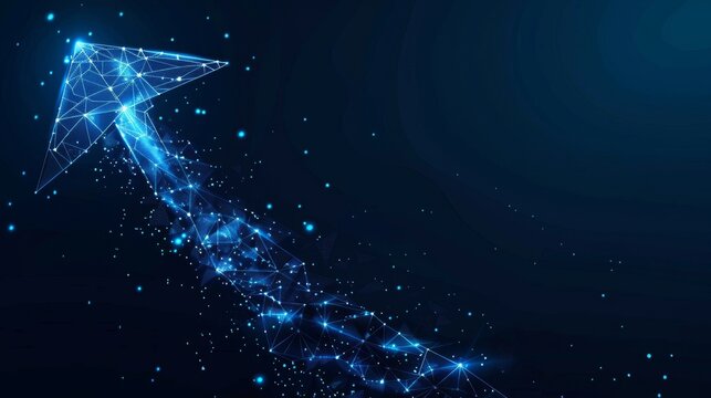 The paper airplane has a low poly wireframe mesh like a constellation on a dark blue background with dots and stars, as well as a stardust trail effect. The illustration or background is about travel,