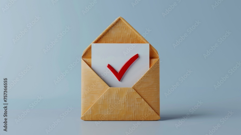 Poster 3D rendering of a letter with a check mark in the envelope. Approval concept. Realistic icon. Isolated on a white background.