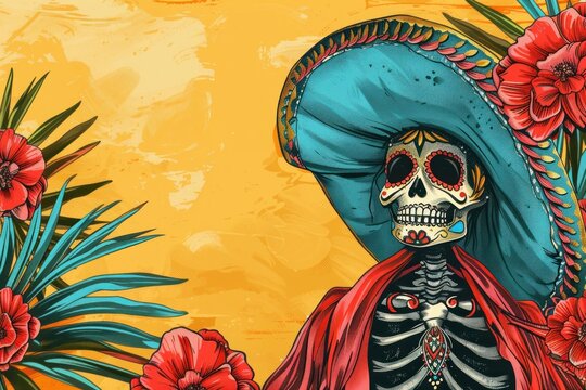 A skeleton wearing a sombrero is surrounded by flowers. The image has a festive and colorful mood. Cinco de Mayo or Dia de Muertos festive