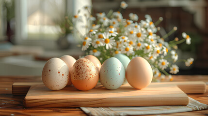 eggs on wooden board, pastel colors, easter decoration with daisies in the background, easter...