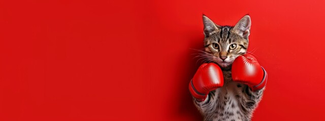 Cat as boxer with a red boxing gloves isolated on the bright red background