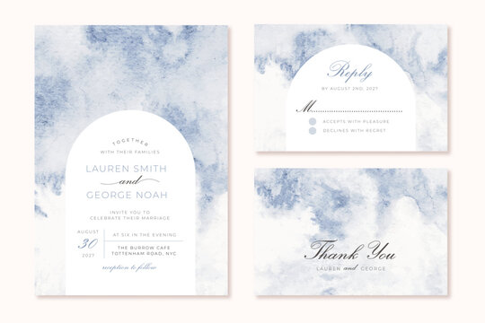 wedding invitation set with abstract soft blue watercolor background