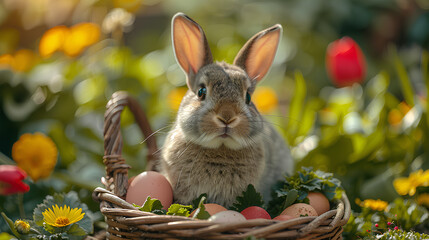 Fototapeta na wymiar A charming Easter bunny with long ears sitting in front of an wicker basket filled with colorful eggs and spring flowers