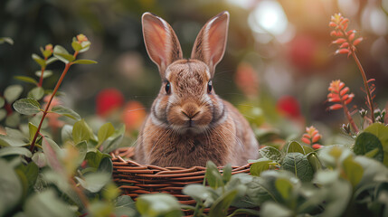  A charming Easter bunny with long ears sitting in front of an wicker basket filled with colorful eggs and spring flowers - Powered by Adobe